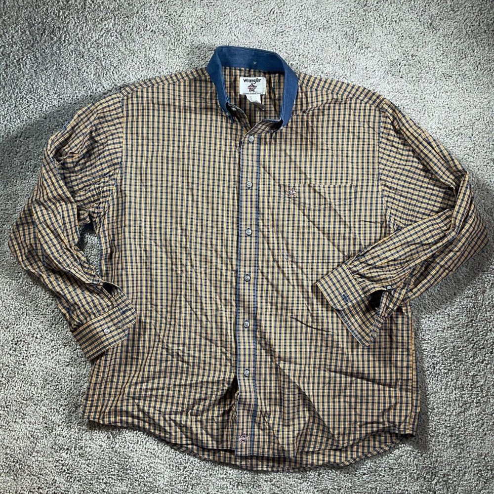 Wrangler PBR Mens Size XL Orange Plaid Shirt Long Sleeve Cowboy Western Button